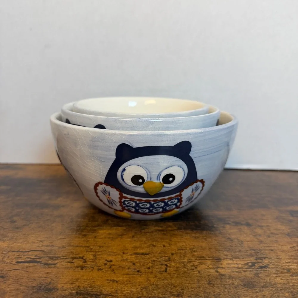 Temp-tations Nesting Bowls Set Of 3 Blue Old World Owl Ceramic Kitchenware